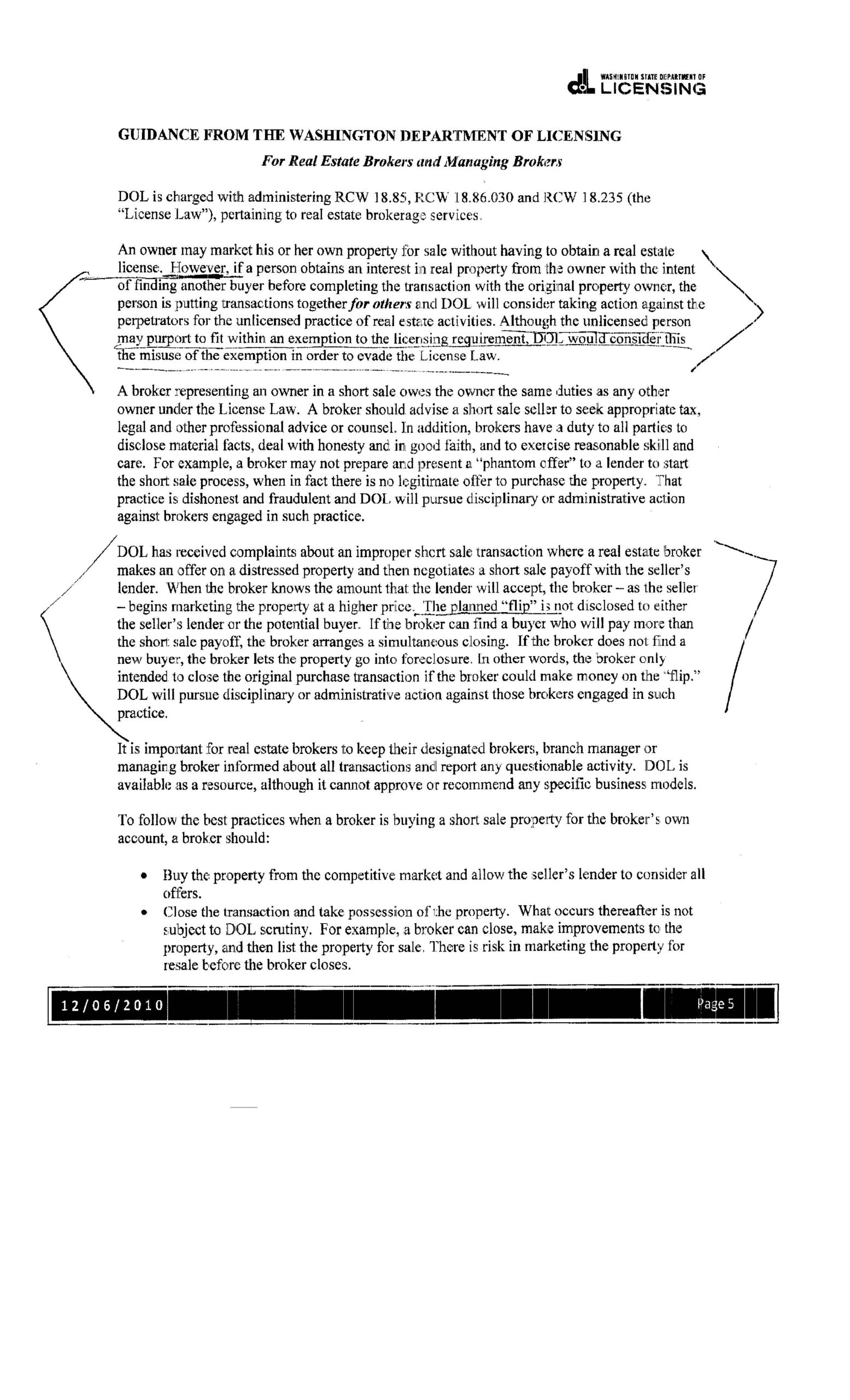 Wholesaling Real Estate Contracts in Washington State May Require Being Licensed As A Real Estate Broker (RCW 18.85)